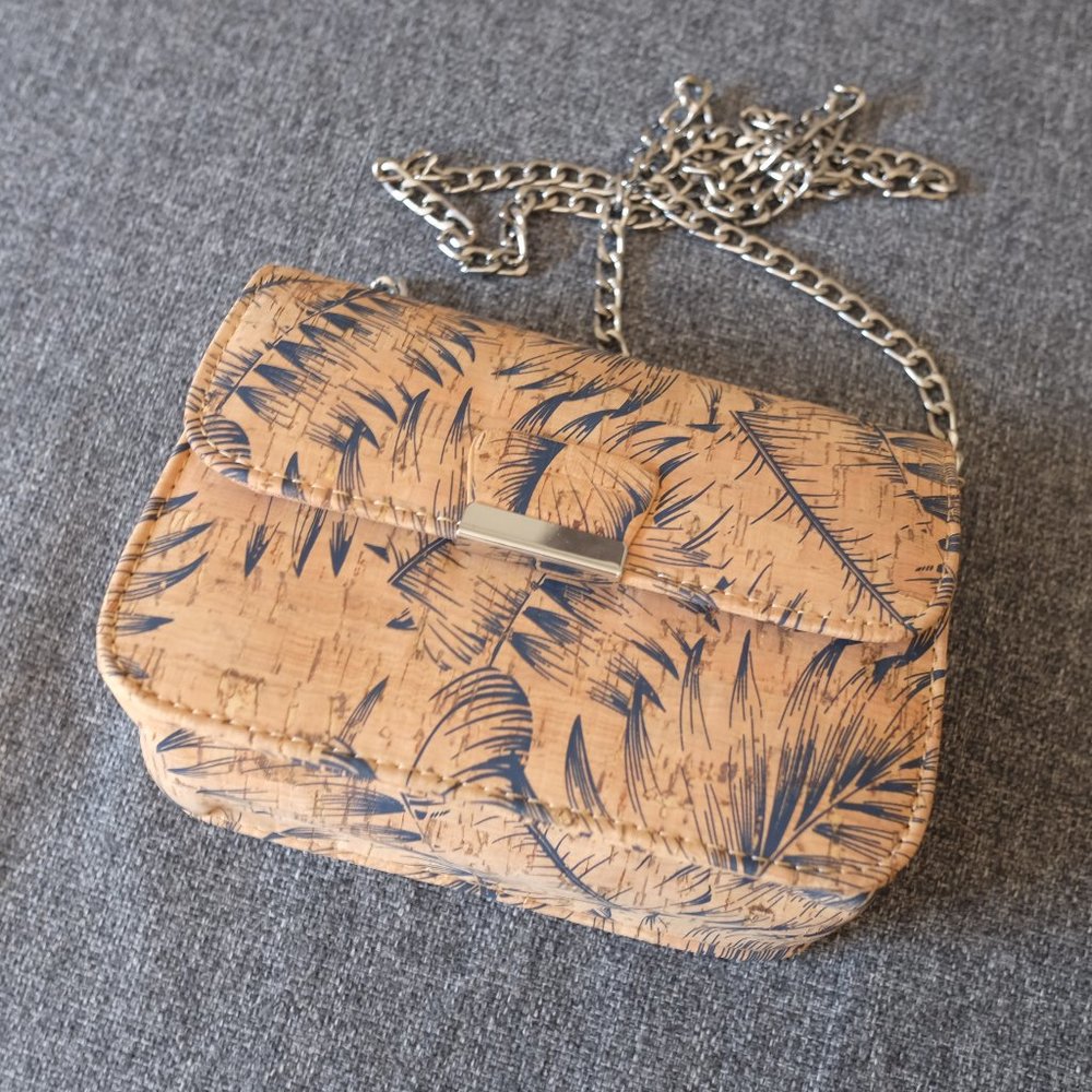 Cork Crossbody Purse with Feather Print and Metal Chain - NEW